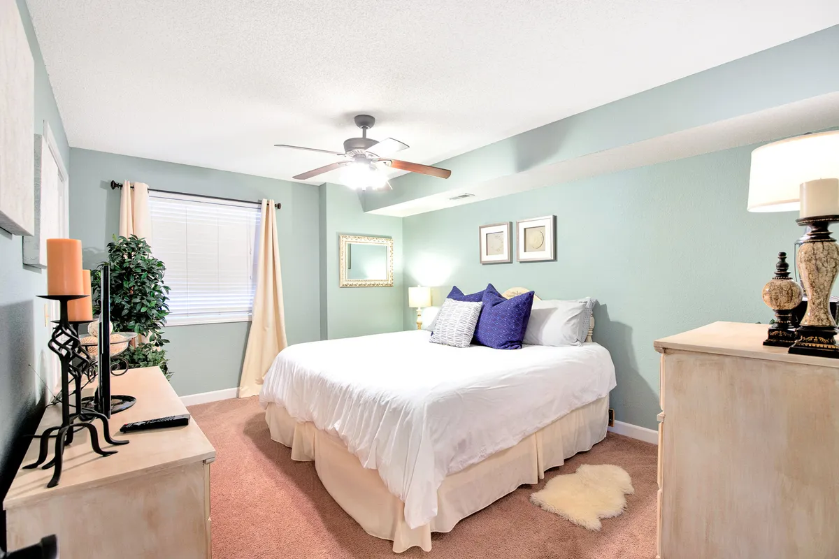 A serene bedroom featuring a plush bed with crisp white bedding and purple accent pillows, a wooden dresser, a decorative lamp, and a potted plant. Natural light streams in through the window, creating a peaceful and restful atmosphere.